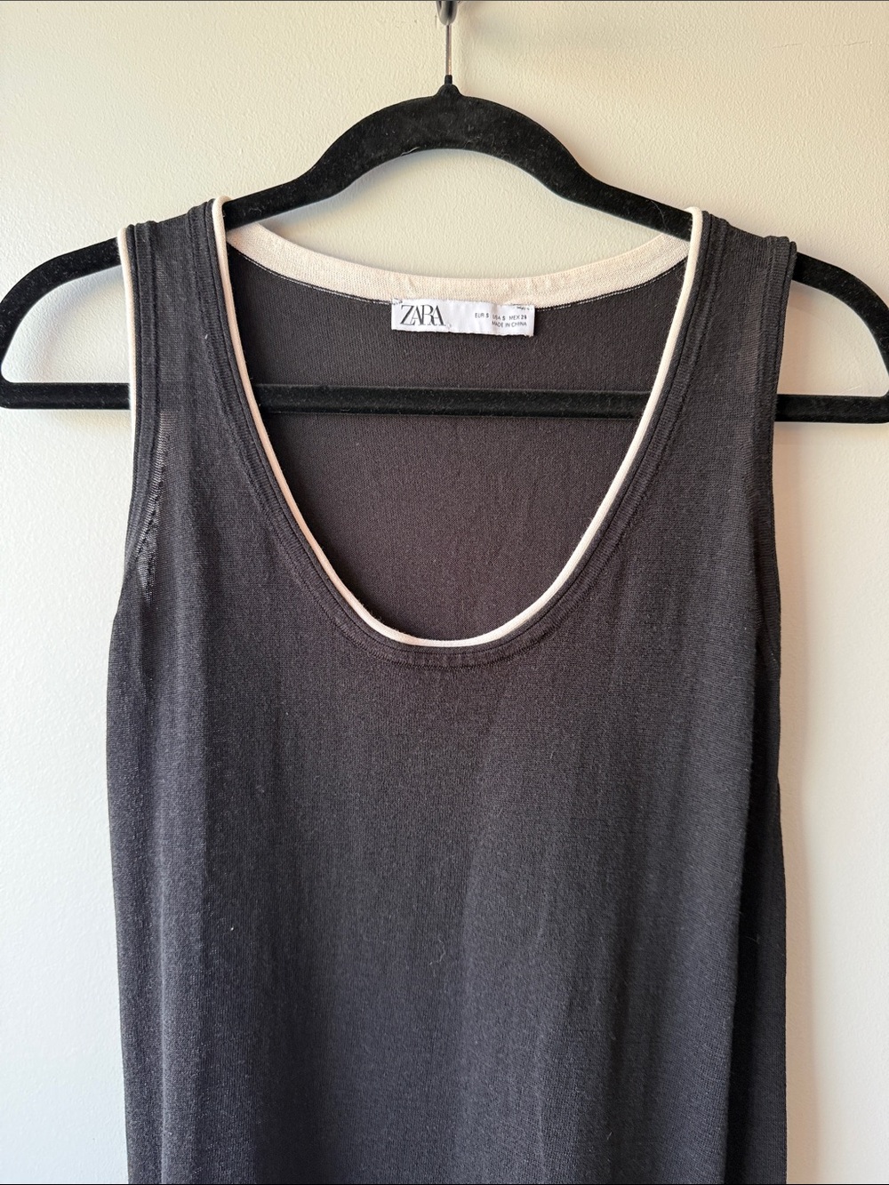 ZARA Black Tank Midi Dress with Cream Neck and hem Piping size small
